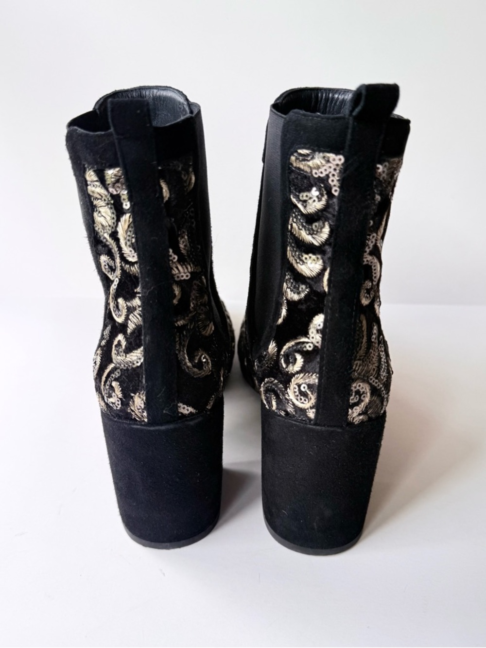 Stuart Weitzman Mediate Metallic Bootie Black Velvet Gold Sequin Embroidery 9.5N - Picture 5 of 14